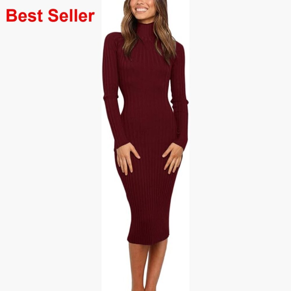Long Sleeve Sweater Dress High Neck Slim Fit Ribbed Knit Midi Winter